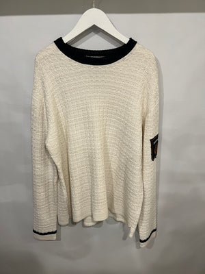 Loro Piana White Silk Knitted Jumper with NavyTrims and Monaco Arm Patch Size L (UK 12)