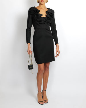 Valentino Black Long-Sleeved Mini Dress with Ruffled Collar Applique Size IT 42 (UK 10)