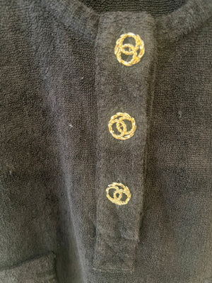 Chanel Black Terry Beach Mini Dress with Pocket Detail and Champagne Gold CC Logo Buttons Size FR 36 (UK 8)
