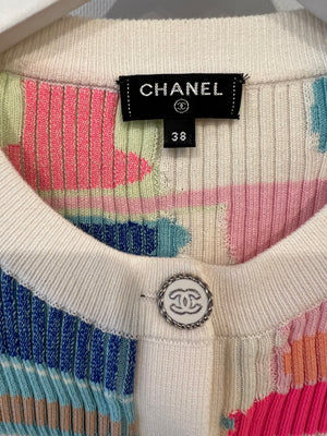 Chanel Spring 2019 White and Multi-Colour Ribbed Cardigan with Silver and White CC Logo Buttons Size FR 38 (UK 10)