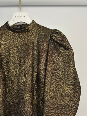 Andrew GN Belted Gold Metallic Puff Sleeve Mini Dress Size FR 38 (UK 10)