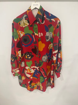Chanel Vintage 92P Red Mini Shirt Dress with Multi-Colour Camelia and Logo Prints with Black and Gold CC Logo Buttons Details Size FR 38/40 (UK 10/12)