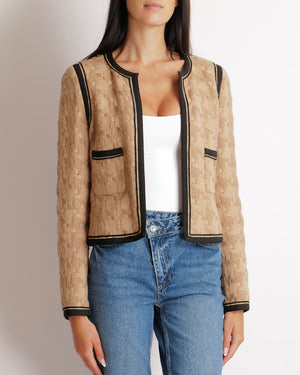 Chanel Vintage 08A Beige Wool Jacket with Black Trims and Brushed Champagne Gold CC Logo Buttons Size FR 38 (UK 10)