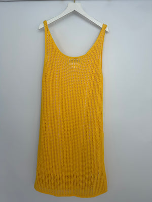 Prada Yellow Crochet Knitted Mini Dress with White Slip Size IT 38 (UK 6)