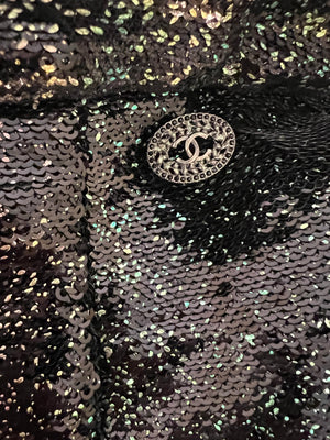 Chanel Black Sequins and Green Iridescent Wide Leg Trousers with CC Logo Detail Size FR 34 (UK 6)