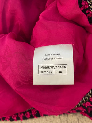 Chanel Fall 2016 Pink and Black Tweed Cropped Jacket with CC Logo Tweed Buttons Size FR 38 (UK 10)