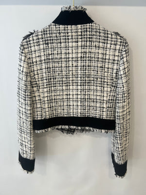 Dolce & Gabbana Black and White Tweed Jacket with Fringe Trim and Silver Crown Buttons Size IT 42 (UK 10)