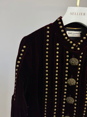 Saint Laurent Burgundy Velvet Long-Sleeve Mini Dress with Gold Stud Detail FR 38 (UK 10)