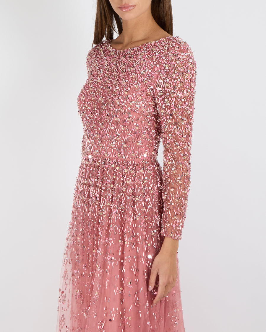 Valentino Pink Tulle Long Sleeved Gown with Crystal and Flower Embellishments Size IT 38 (UK 6)