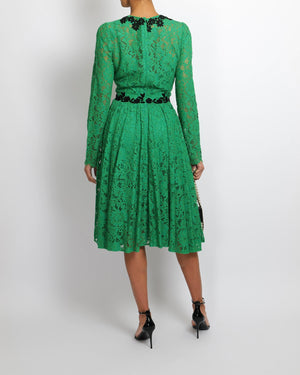 Dolce & Gabbana Apple Green Lace Midi Dress with Black Floral Collar and Waist Detail Size IT 42 (UK 10)