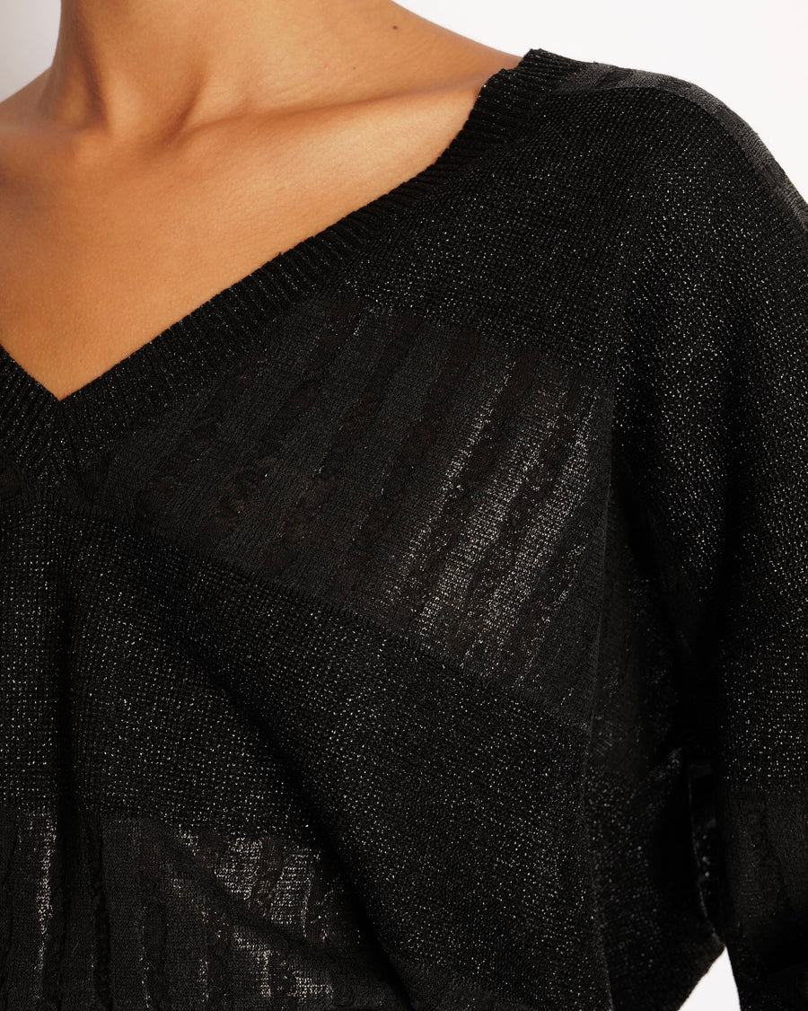 Saint Laurent Black Shimmery Panelled V Neck Jumper Size S (UK 8)