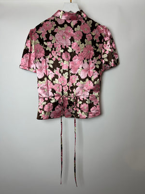 Prada Pink and Brown Floral Satin Short-Sleeve Shirt Size FR 36 (UK 8)