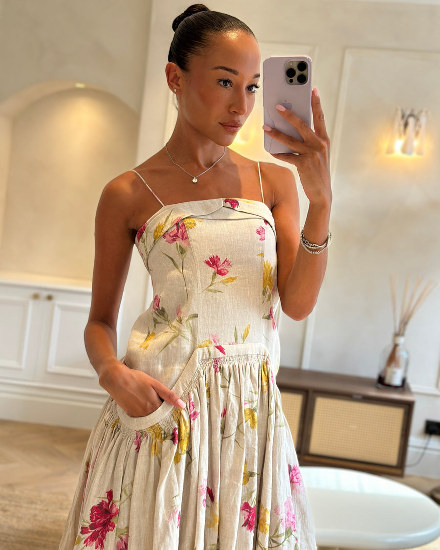 Erdem Beige, Pink & Yellow Floral Midi Dress with Bustier Top Size UK 6 (FR 34)