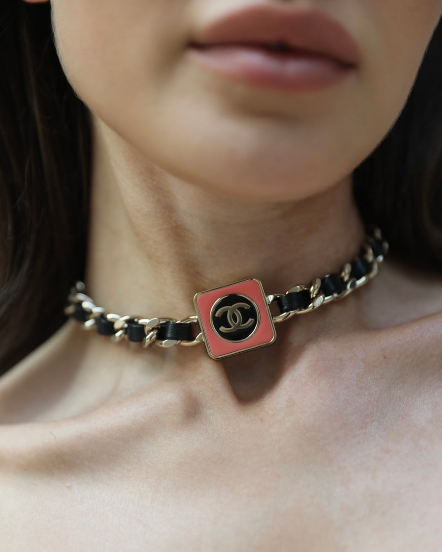 HOT* Chanel Black Chain Choker with Gold and Pink CC Pendant – Sellier