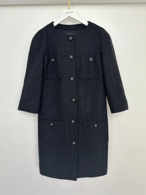 Chanel Black and Navy Tweed 3/4 Sleeve Dress with Pockets and Gunmetal Lion Button Details FR 36 (UK 8)