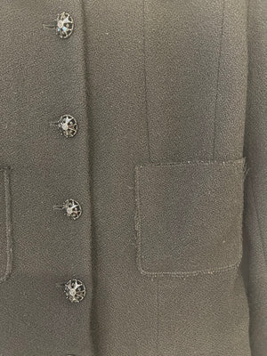 Chanel Black Wool Jacket with Ivory Silk Details and Embellished Buttons Size FR 38 (UK 10)