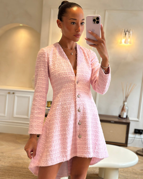*HOT* Chanel 24S Pink Tweed Long Sleeve A-Line Asymmetric Mini Dress with Silver and Pink Logo Button Details Detail FR 34 (UK 6) RRP £11,650