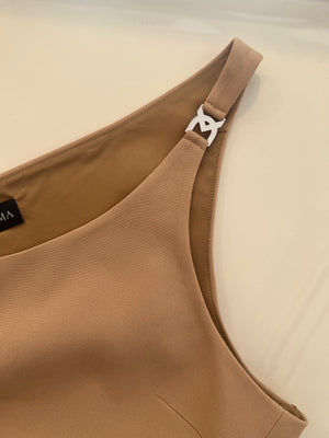 David Koma Beige One Shoulder Cropped Top with Silver Logo Detail Size UK 10 RRP £480