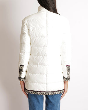 Chanel White Puffer Coat with Black and White Tweed Trims with Metallic Pink Details and Silver and Black CC Logo Buttons Size FR 38 (UK 10)