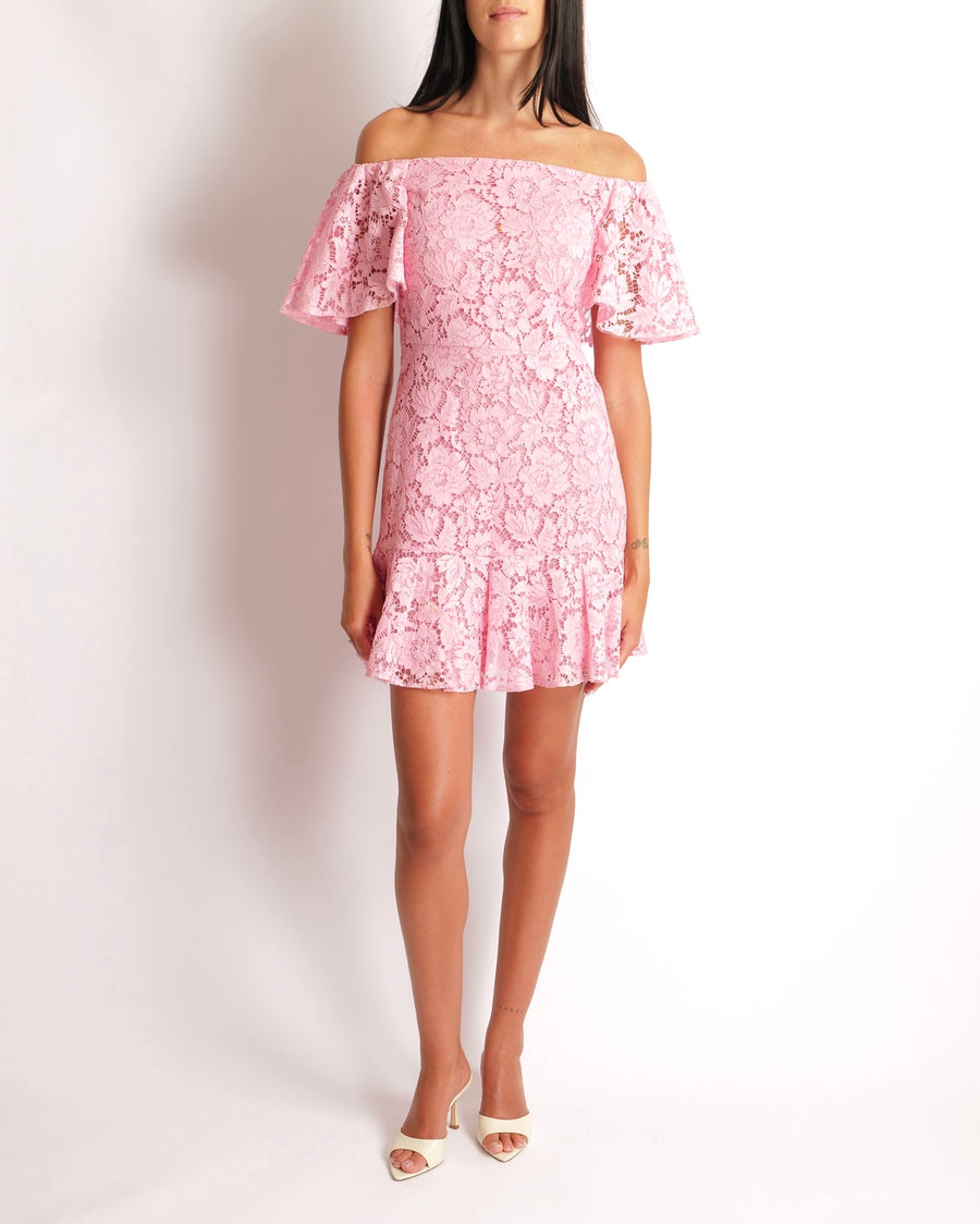 Valentino Pink Floral Lace Off-Shoulders Mini Dress with Ruffled Hem Detail Size IT 40 (UK 8)