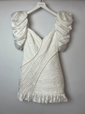 Alessandra Rich White Puff-Sleeve Ruched Crepe Mini Dress with Pearl Details Size IT 40 (UK 8)