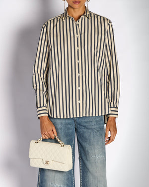 Toteme Navy and Ivory Striped Logo Shirt Size S (UK 8)