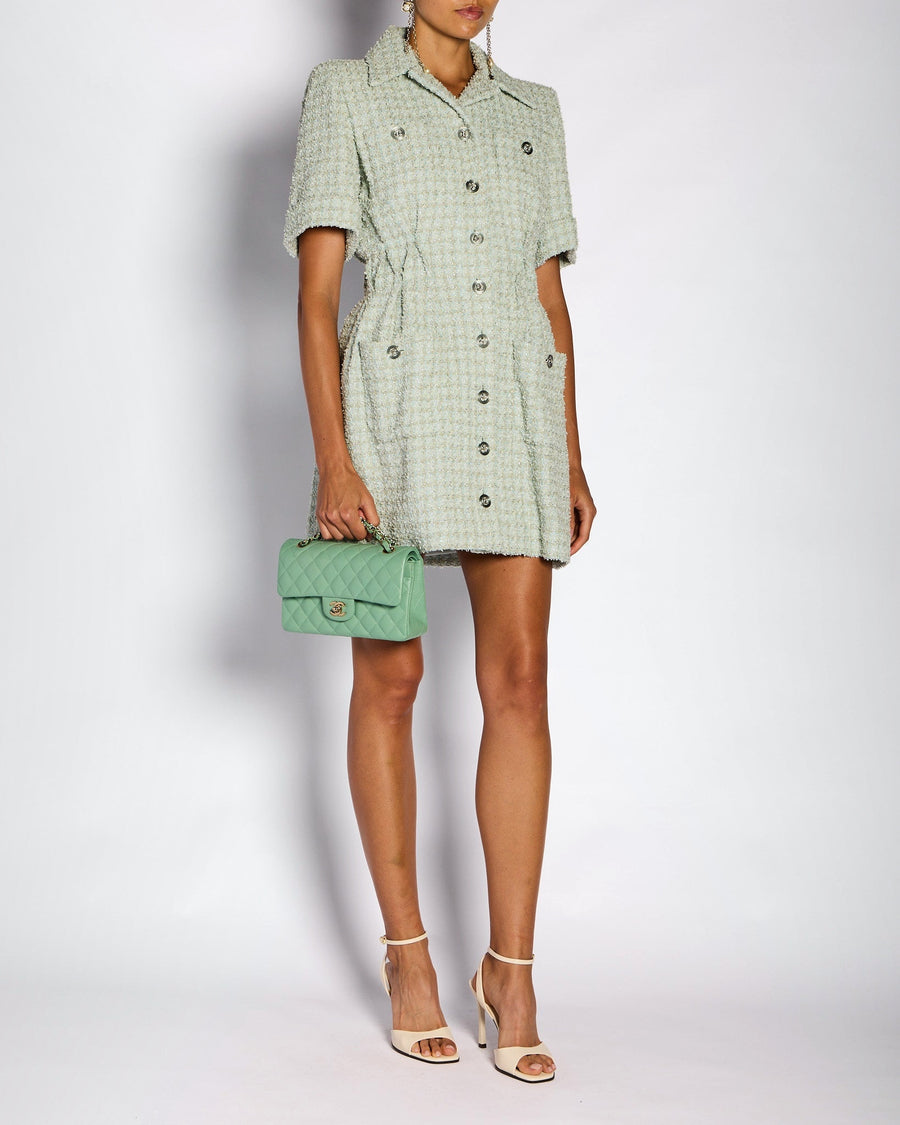 Chanel 20/P Green Tweed Short Sleeve Button Down Dress with CC Button Detail Size FR 36 (UK 8)