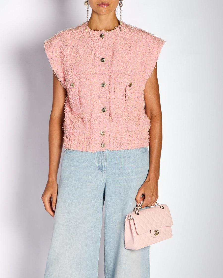 Chanel 21/S Pink Tweed Vest Top with CC Button Detail Size FR 36 (UK 8)
