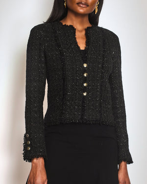 Chanel 2005 Black Tweed Single Breasted Jacket with Frayed Trim Detail Size FR 36 (UK 8)