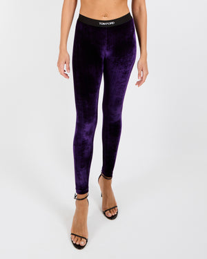 Tom Ford Purple Velvet Leggings with Waistband Black Logo Detail Size S (UK 6/8)