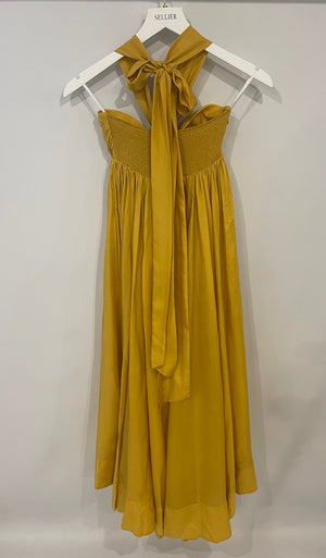 Zimmermann Yellow Asymmetric Gathered Silk-Voile Halterneck Midi Dress Size 0 (UK 8) RRP £1,520