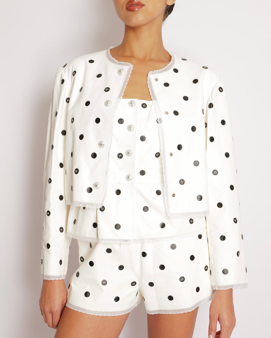 Chanel 23S White and Black Lambskin Leather Polka Dot Cropped Jacket with Lace Trims and Crystal Embellished Pearl CC Logo Buttons Size FR 36 (UK 8)