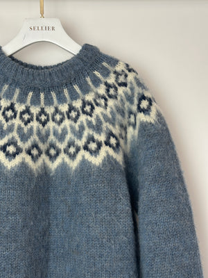 Celine AW22 Light Blue Brushed Fair Isle Wool Oversized Crew Neck Jumper Size M (UK 10)