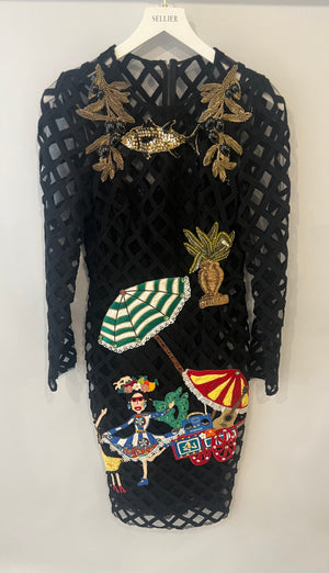 Dolce & Gabbana Black Mesh Caged Midi Dress with Multi-Colour Beach Themed Embellishments, 42 UK 10