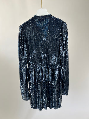 The Attico Blue Sequin Tiered Midi Dress with Neck Tie Detail IT 36 (UK 4)