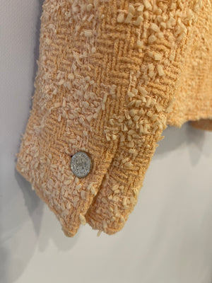 Chanel 96/P Peach Tweed Jacket with Silver CC Medallion Logo Buttons Size FR 36 (UK 8)
