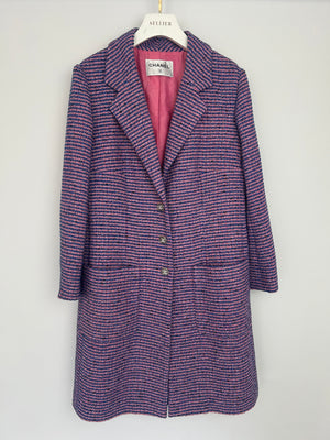 Chanel Pink and Navy Tweed Long Coat with Crystal CC Buttons Size FR 36 (UK 8)