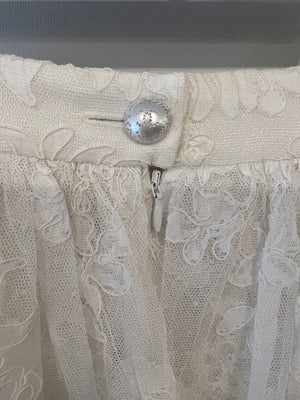 Chanel Resort 2023 White Tiered Lace Maxi Skirt with White Pearl and Crystal CC Logo Button Detail Size FR 34 (UK 6)