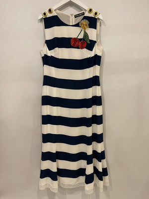 Dolce & Gabbana Navy and White Striped Midi Dress with Sequin Details and Lace Trim Size IT 44 (UK 12)