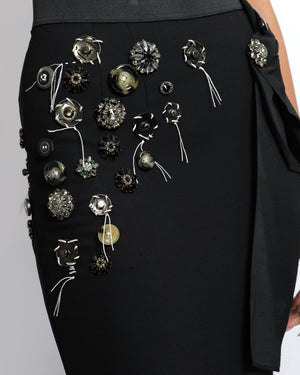 Dolce & Gabbana Black Wool Midi Skirt with Crystal Embellishments and Buckle Detail Size IT 44 (UK 12)
