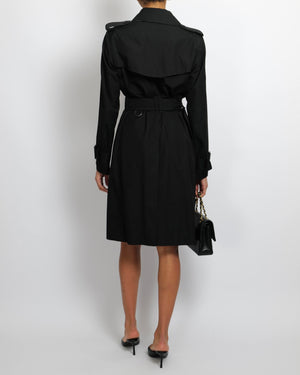Burberry Black Trench Coat with Belt and Black Logo Button Details Size UK 8