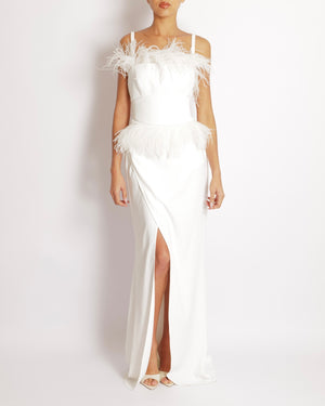 Elie Saab White Long Gown with Asymmetric Straps and Ostrich Feather Trims Size FR 40 (UK 12)