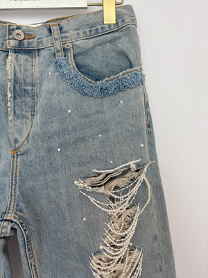 Jonathan Simkhai Blue Light Wash High-Waisted Straight Jeans with Distressed Detail and Pearl Embellishment Size 29 (UK 12)