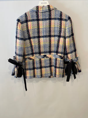 Chanel Blue and Multicolour Tweed Jacket With Black Logo Buttons and Satin Bow Details Size FR 38 (UK 10)