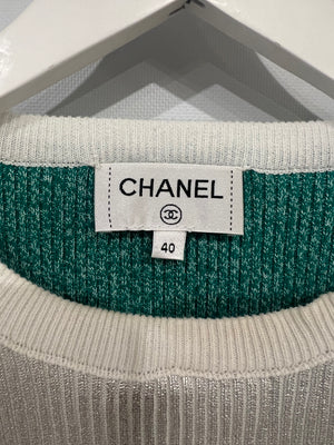 Chanel Cruise 2025 Silver Metallic and Green Ribbed Short-Sleeve Top with Crystal CC Logo Detail Size FR 40 (UK 12)
