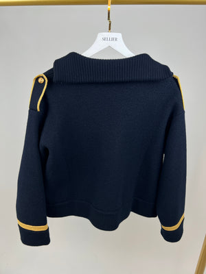 Céline Navy Wool Varuse Military Cropped Jumper with Gold Piping Details Size M (UK 10) RRP £2200