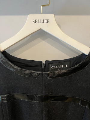 Chanel Black Mini Dress with Patent Leather Effect Trim Details and Globe CC Logo Button Size FR 34 (UK 6)