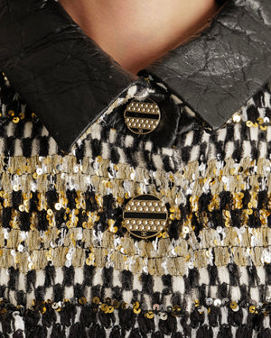 Chanel Métiers d'Art 2019 Black, White and Gold Tweed Jacket with Gold Sequin Embellishments and Leather Belt Detail with Black and Gold CC Logo Buttons Size FR 38 (UK 10)