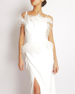 Elie Saab White Long Gown with Asymmetric Straps and Ostrich Feather Trims Size FR 40 (UK 12)