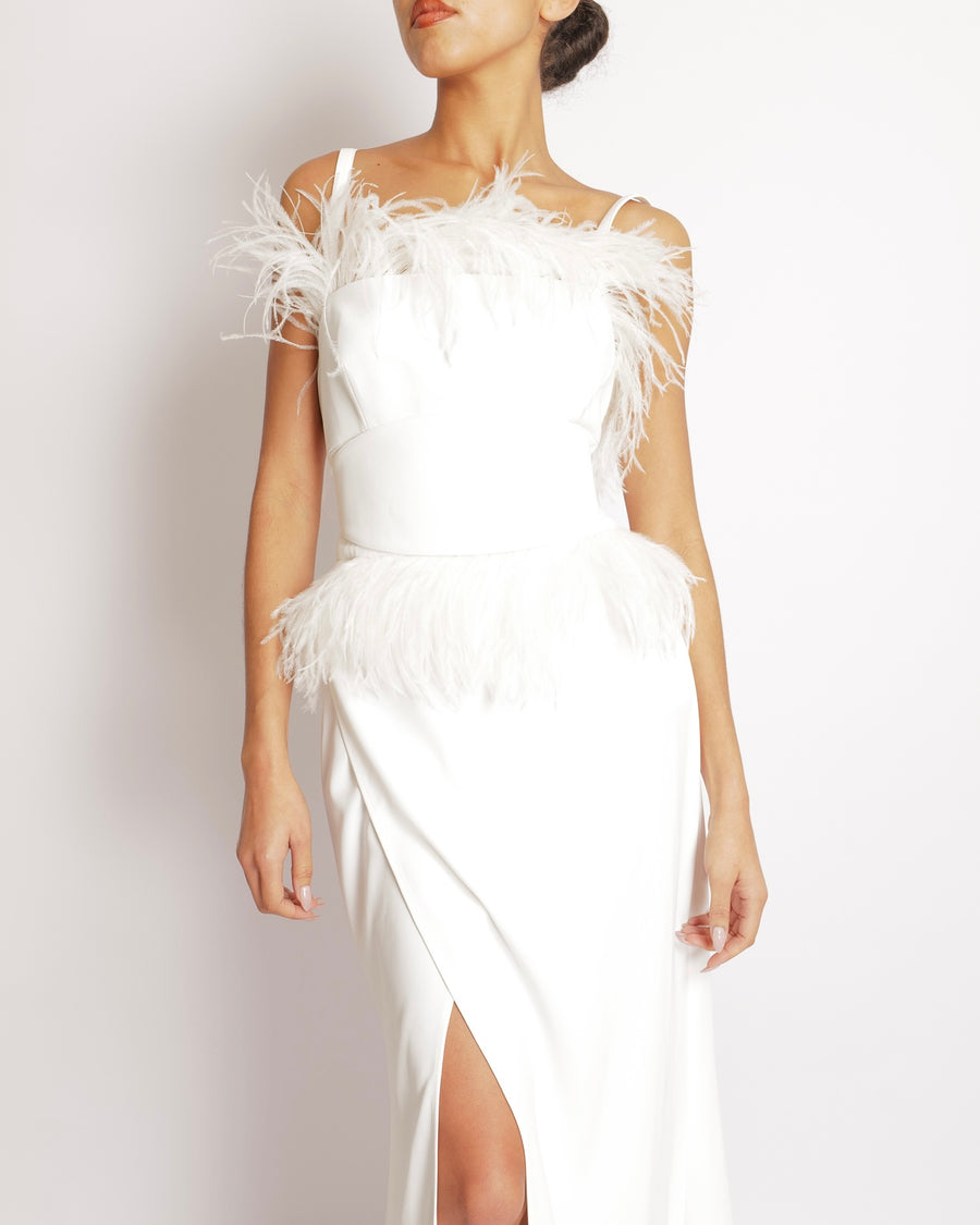 Elie Saab White Long Gown with Asymmetric Straps and Ostrich Feather Trims Size FR 40 (UK 12)